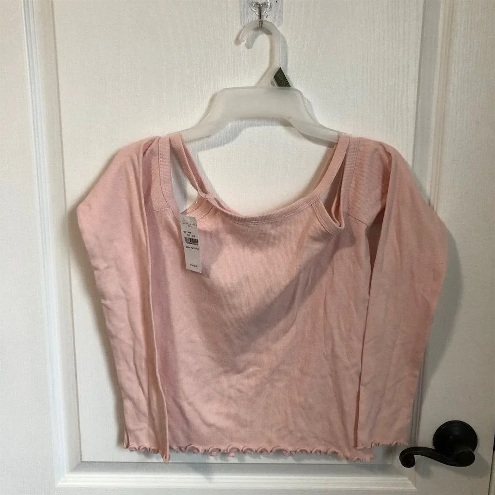 American Eagle Kids Pink Ribbed Cold Shoulder Lettuce Hem Top Size 16 13-14Y NWT